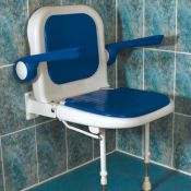 AKW Advanced Wall Mounted Bariatric Fold-up Moulded Seat w/ Support Legs Blue Padded Seat Back & Arms